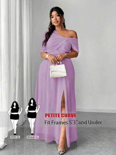SHEIN PETITE CURVE Vestido elegante y romántico para invitada de boda de talla grande, vestido formal ligero, vestido de gasa con un hombro y abertura lateral
