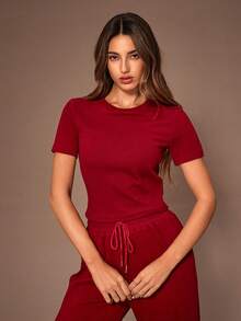 SHEIN 1 Set Solid Color Short Sleeve Top And Pants Casual Outfit Pajama Sets For Women Round Neck Women Lounge Sets Red Pajamas For Women Women Lounge Sets Two Pieces Lounge Set - Burgundy - View 5