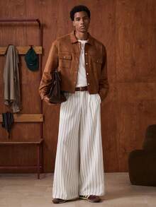 SWAVVY Quần ống rộng kẻ sọc thường ngày thời trang nam - trắng - Xem 2