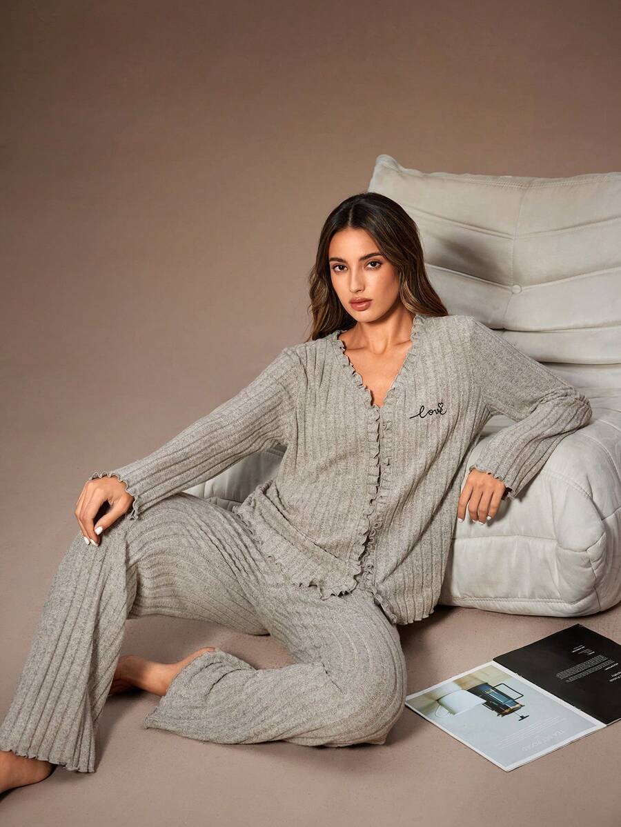 Lazeform Women's Grey V-Neck Ruffle Trim English Embroidered Soft Brushed Ribbed Knit Long Sleeve Top And Pants, Sweet Casual Outerwear & Homewear 2 Pieces Pajama Set, Winter Clothes - Grey - View 1