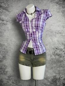 StreetHx Niebieska koszula w kratę z krótkim rękawem i dopasowaną talią dla kobiet