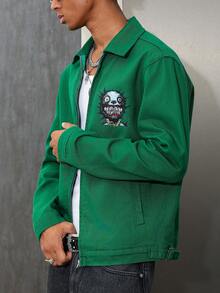 Manfinity ZONE917 Men's Casual Cartoon Pattern Zip-Up Denim Long Sleeve Jacket, Autumn OVERSIZE Regular Washed Party College Washed Denim Jacket - Green - View 5