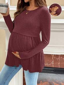 SHEIN 哺乳圆领落肩长袖褶皱休闲舒适荷叶边下摆上衣