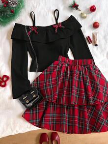 Modisches elegantes T-Shirt Set für Teenager Mädchen, weißes Strick-Top kombiniert mit schwarzem gewebtem Kuchenrock, Top verziert mit schwarzer Schleife, Rock verziert mit Perlen