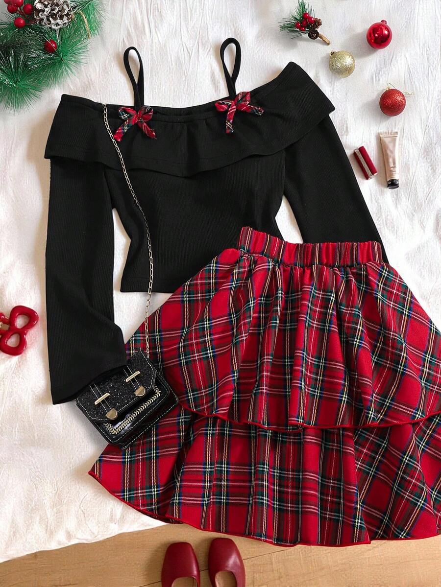 Modisches elegantes T-Shirt Set für Teenager Mädchen, weißes Strick-Top kombiniert mit schwarzem gewebtem Kuchenrock, Top verziert mit schwarzer Schleife, Rock verziert mit Perlen