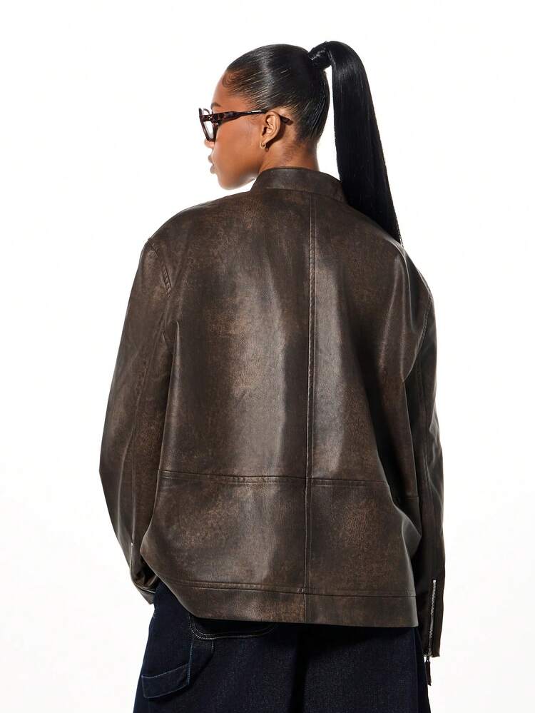 SUMWON WOMEN Oversized Brown Leather Biker Jacket With Stand Collar