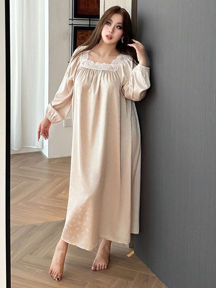 Dazy Plus Plus Size Women Elegant Lantern Sleeve Butterfly & Floral Contrast Lace Loose Long Nightgown Sleepwear, For Fall & Winter