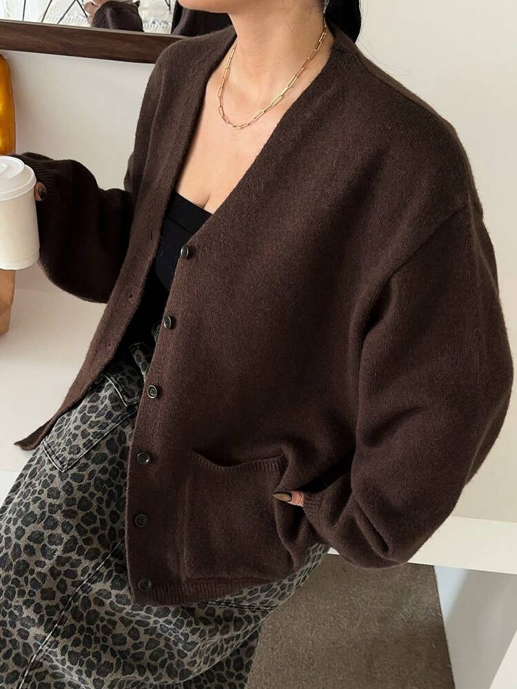 Dazy Plus Plus Size Women V-Neck Loose Casual Solid Color Open Front Cardigan Sweater With Pockets, Autumn/Winter