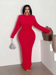 Maweii Váy len dáng dài thanh lịch màu trơn cỡ lớn, thu/đông - Đỏ - Xem 1