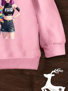 Young Girls' Christmas Cartoon Girl Group Graphic Comfortable Print Long Sleeve Sweatshirt, Suitable For Autumn/Winter, Lightweight And Cozy, Great For Layering In Fall, Fashionable Casual Wear, Graphic Design, Back To School Season, Autumn, Back To School Party, Suitable For Outdoor Picnic, Street Photography, Home, Campus, Holidays, Christmas, New Year Gift - Pink - View 3