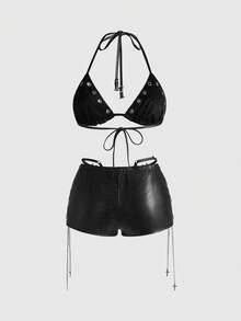 ROMWE Avant Soutien-gorge de motard rétro Gyaru pour femmes avec décoration  et PU, short skinny mini ultra taille basse avec ornements croisés - Noir - Voir 3