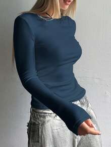 FRIFUL Women's Casual Solid Color Fleece T-Shirt, Versatile For Autumn/Winter Long Sleeve Women - Navy Blue - View 4