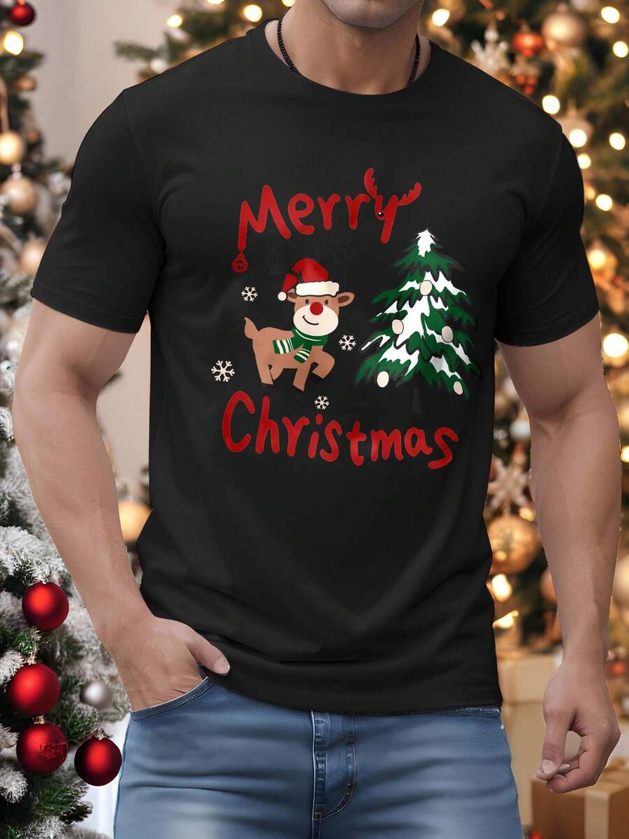 Manfinity Homme Kaos Kasual Pria Ukuran Besar Motif Rusa Natal, Hitam - Hitam - View 1