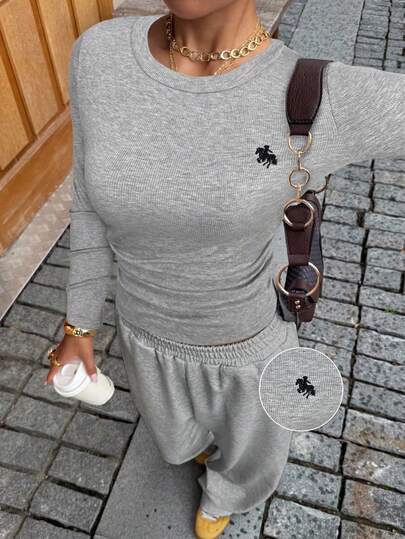 Muchica 2pcs Women Casual Embroidered Detail Top And Pants Set, Autumn Two Piece Set Women Comfy 2 Piece Lounge Sets Woman Grey 2 Piece Set 2 Piece Casual Sets Woman Long Sleeve Set,Cozy Fall And Winter Clothes For Women