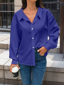 EMERY ROSE Women's Solid Color Minimalist Long Sleeve Shirt, Casual Everyday Wear - Royal Blue - View 2