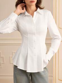 Lilora Women's Casual Elegant Solid Color Waist Shirt Winter Clothes For Women Clothes For New Year Fitted Waist Long-Sleeved Commuter Shirt - White - View 8