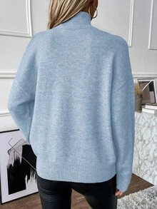 EMERY ROSE 休闲纯色露肩立领毛衣，秋冬 - 淺藍色 - 查看 3
