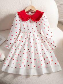 Vestido novo de outono para meninas, 1 peça, gola com estampa de coração vermelho, manga comprida vermelha, zíper nas costas, punho e bainha elásticos, duas camadas, simples e fofo, versátil, adequado para o dia dos namorados, passeio, festa, escola, estilo princesa - Vermelho - Ver 4