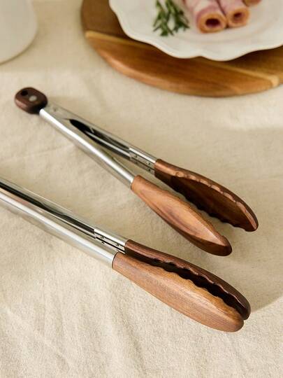 Cirelle Kökstång i trä, Kökstång för matlagning med träspetsar Rostfritt stål, slaktad valnötssalladstång, grilltång