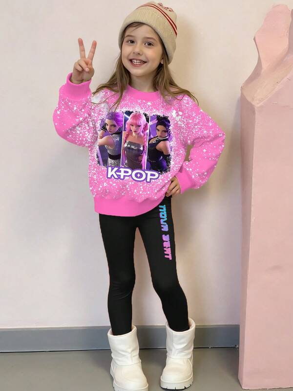 Conjunto de 2 peças de blusa com estampa gráfica KPOP, moletom com gola redonda e leggings para meninas adolescentes, casual moderno, adequado para outono/inverno