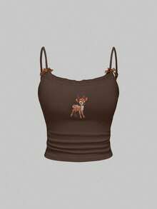 ROMWE J-Fashion 女士可爱鹿刺绣蕾丝吊带背心搭配短裤休闲套装