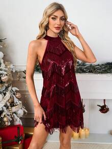 SHEIN Clasi 流苏亮片吊带紧身迷你连衣裙，优雅时尚，适合派对 - 紅色 - 查看 5