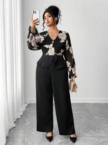 Elenzga 大码女式 V 领修身长袖网眼刺绣花卉上衣和纯色阔腿裤 2 件套 - 彩色 - 查看 1