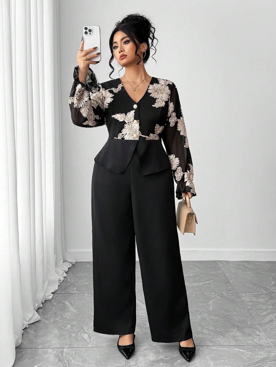 Elenzga 大码女式 V 领修身长袖网眼刺绣花卉上衣和纯色阔腿裤 2 件套 - 彩色 - 查看 1