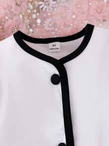 SHEIN Elladie kids 两件套少女时尚白色纽扣黑色长袖假口袋外套，搭配舒适的秋冬两合一半裙套装 - 白色 - 查看 6