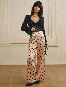 Cévolie 女士复古法式波点缎面休闲阔腿裤百搭秋季新品 - 香檳色 - 查看 3