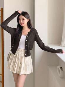DAZY Women's Casual Solid Color Cable Knit Cardigan, Autumn - Brown - View 6