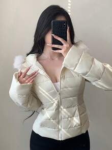 DAZY 女式休闲毛领拼布棉服外套，秋冬 - 米色 - 查看 4