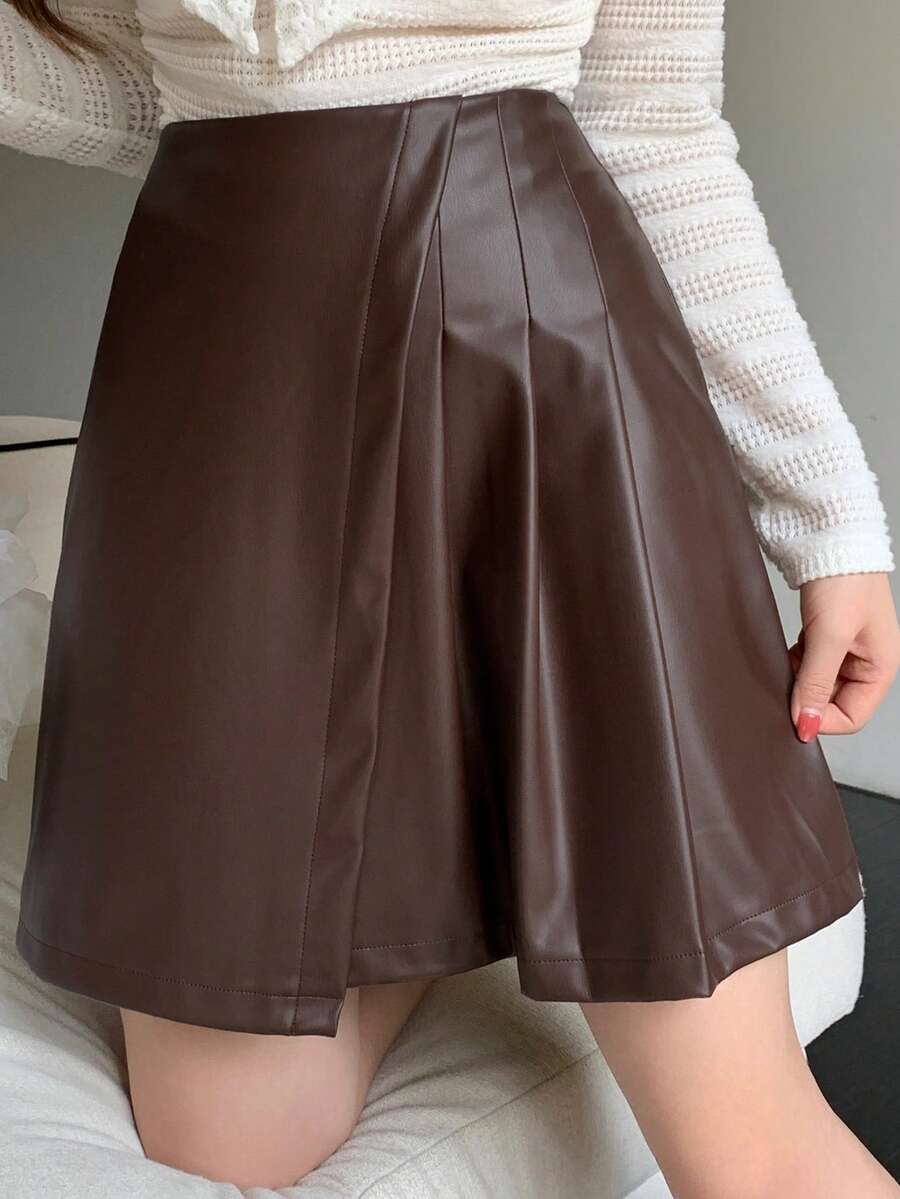 DAZY 女士优雅纯色PU皮革褶皱不对称半身裙,秋冬女装半身裙 - 棕色 - 查看 1
