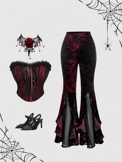 SHEIN MOD Women's Gothic Vintage Dark Lace Trim Flared Leg Pants With Slit Design,Autumn/Winter,Halloween Clothes For Women,Goth,Thanksgiving Outfit For Women,Christmas Women's Clothing,New Year Outfit,Dark Tie-Dye Pattern,Mid-Rise Velvet Flared Pants,Mesh Patchwork