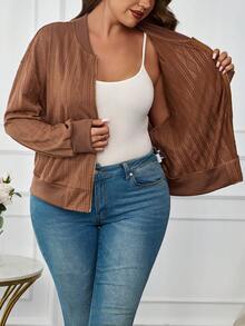 EMERY ROSE Chaqueta de béisbol casual con cremallera delantera, hombros caídos y textura geométrica para mujer de talla grande - Marrón - Ver 6