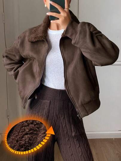 Livesso Chaqueta casual de mujer de ante sintético con cuello de piel, diseño de patchwork, forro acolchado, corte holgado, moda streetwear, adecuada para abrigos de mujer forrados térmicamente en otoño e invierno