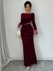 Elenzga 优雅浪漫天鹅绒长袖连衣裙，珍珠串珠，腰部褶皱，开衩，适合情人节、圣诞节、感恩节、派对、节日、冬季和秋季 - 酒紅色 - 查看 7