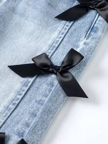 SHEIN Baby Girl Casual Distressed Bow Decor Washed Denim Jeans - Blue - View 4