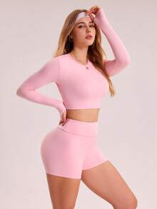 Sovereign Charm 女式纯色圆领长袖露背T恤和紧身裤运动套装 - 粉色 - 查看 5