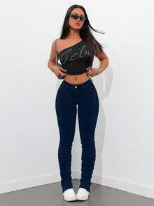 Jeanoix Spring Plus Size Women High Waist Skinny Personalized Fashion Jeans - Dark Wash - View 7