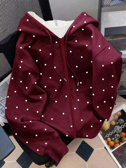 SHEIN Fall Clothing, Outerwear, Autumn/Winter, Autumn Jacket, Back To School, Casual, Sportswear, Holiday Wear, ✦, Winter Outwear, Versatile Fashionable Black Polka Dot Print Women's Long Sleeve Hooded Sweatshirt Sweatshirt