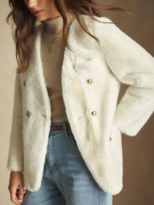 BizChic 2025 Automne/Hiver Manteau en fausse fourrure de vison à col en V, à double boutonnage avec boutons métalliques et poches latérales. Style vintage chic pour un look urbain et décontracté, idéal pour les fêtes de Noël, du Nouvel An, d'Action de grâce, les sorties, les mariages, les concerts, les brunchs et les voyages en avion.