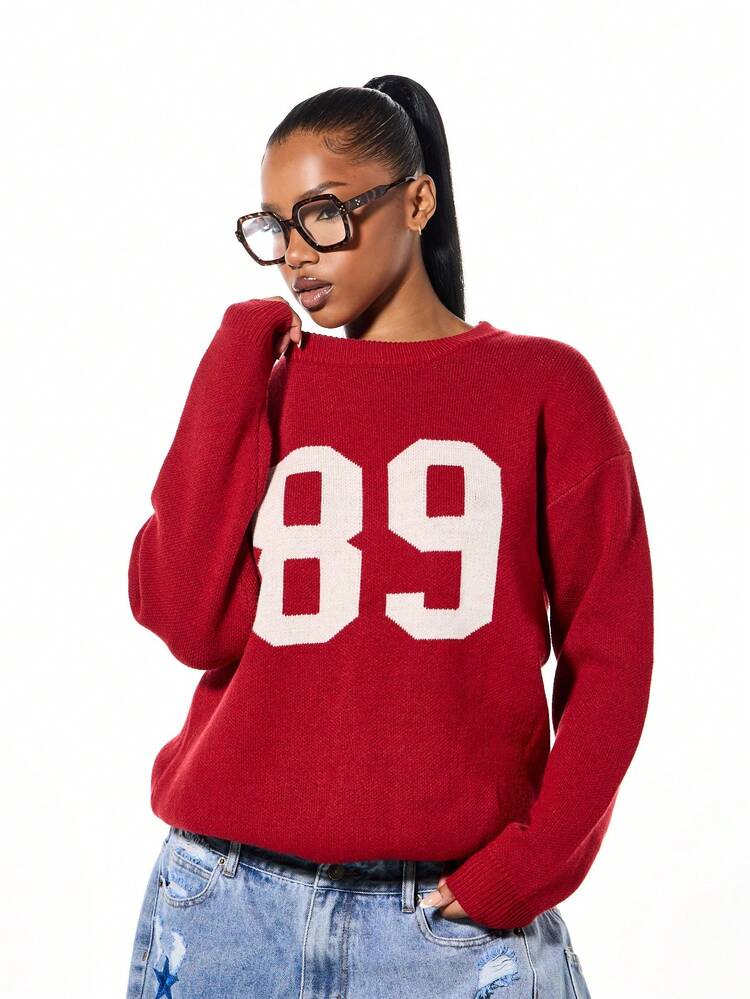 SUMWON WOMEN Oversized Knitted Crew Neck Sweater With Number Print