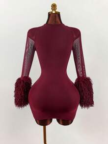 Amplova Váy ngắn hở ngực phối lưới lông màu đỏ rượu vang dành cho nữ, dự tiệc - Màu Đỏ Sâu - Xem 7