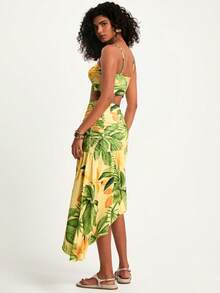 CAJUNI Women's Tropical Print Cropped Camisole And Ruched Waist Asymmetric Hem Skirt Set, Beach Skirt Set, Vacation Outfits Woman Skirt Set, Tropical Two Piece Set, Summer Skirt And Top Set, Beach Two Piece Set, Vacation Outfits Woman 2 Piece, Summer Two Piece Set Vacation - Yellow - View 2