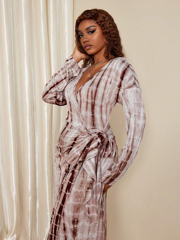 Eryvara Váy quấn tay dài cổ chữ V in họa tiết đầy đủ dành cho nữ - màu nâu - Xem 2