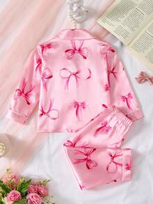 Genkimix Kids Set de 2 piezas de ropa de casa para niñas jóvenes con estampado de moño, chaqueta de manga larga y pantalones, para primavera/otoño - Rosa - Ver 2