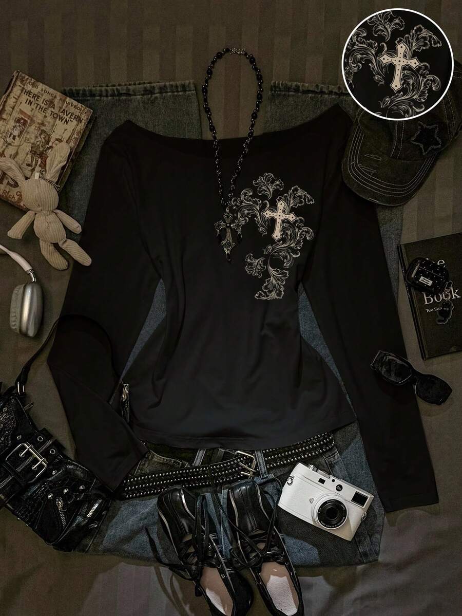 SHEIN EZwear Cross Print Pattern Autumn New Loose Batwing Sleeve Asymmetrical Shoulder Rolled Hem Sexy Women Pullover T-Shirt Graphic - Black - View 1