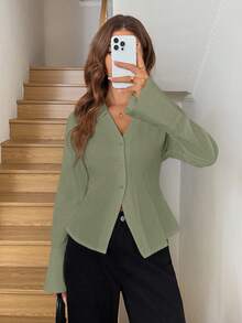 SHEIN LUNE 冬季白衬衫办公室工作服衬衫 100% 纯棉 - 綠色 - 查看 5