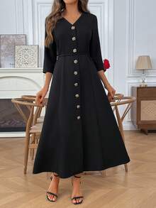 EMERY ROSE Vestido maxi elegante de mujer con cuello en V, manga raglán y botones frontales en unicolor - Negro - Ver 3